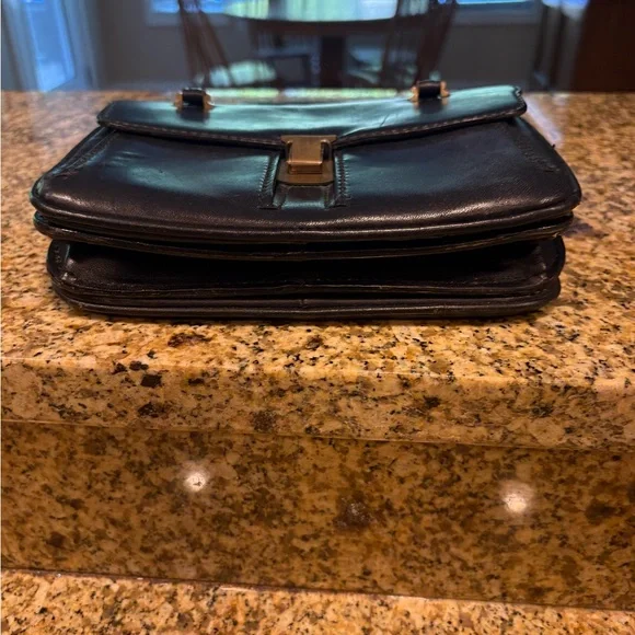 Vintage Italian Leather Small Satchel structured Hand Bag Midnight Blue Pockets - Picture 12 of 13